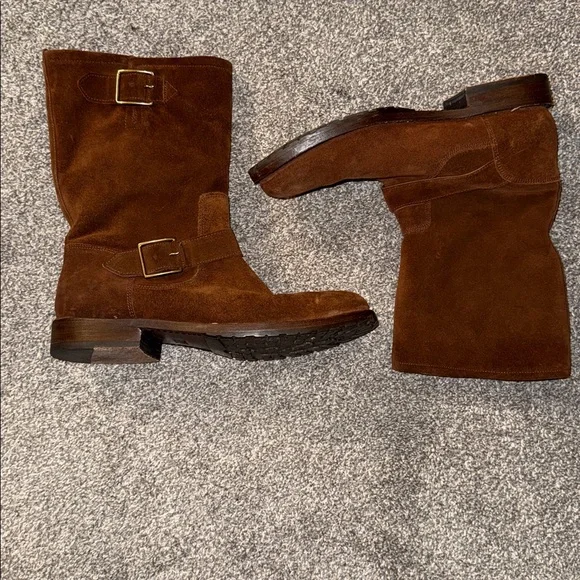 FRYE Women's Natalie Mid Engineer Boot Brown Suede Buckle Boots 9.5M - Picture 4 of 6